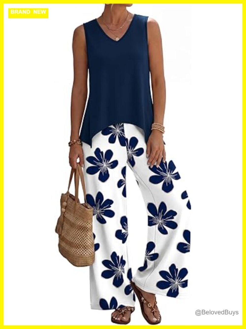 Two Piece Lounge Set - V-Neck Tank & Wide Leg Pants, Soft Polyester Blend